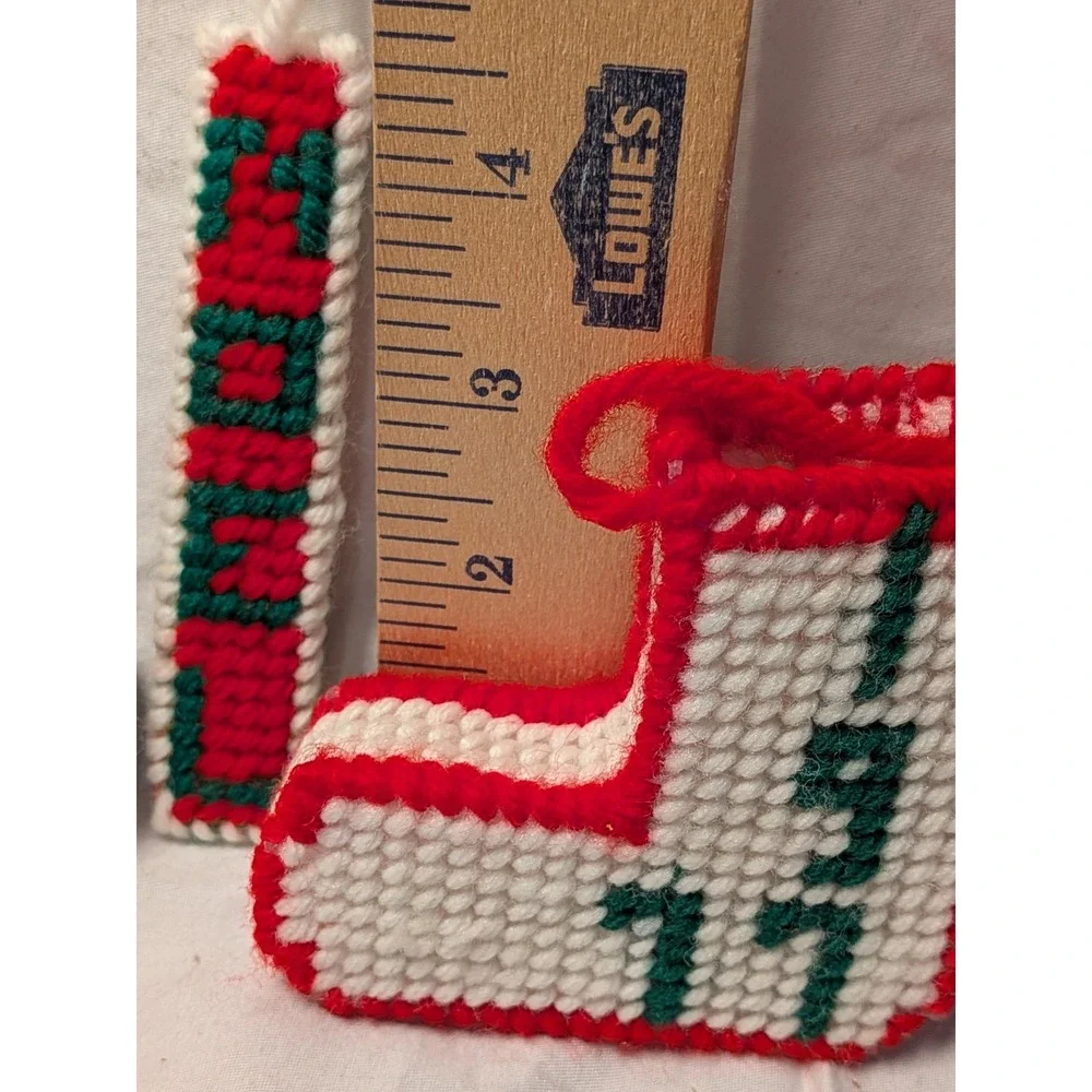 Vintage 1970s Plastic Canvas Christmas Ornaments Lot 7pc Handmade Stockings Noel
